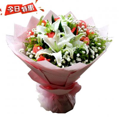 11朵粉玫+百合 温情